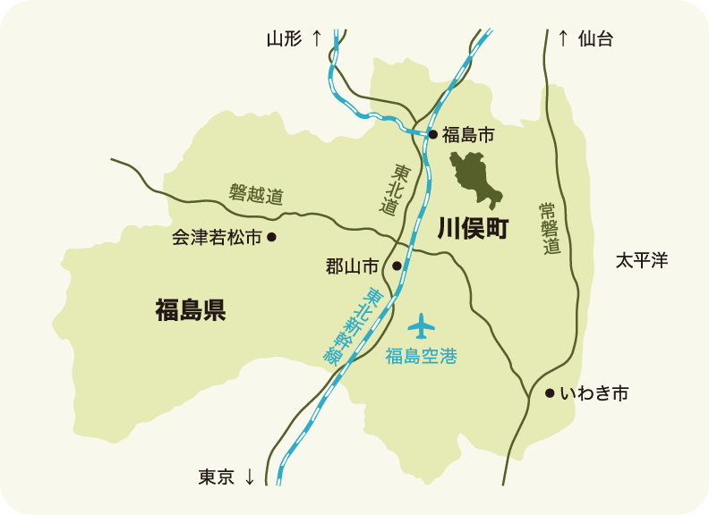福島県内における川俣町の位置を表した地図